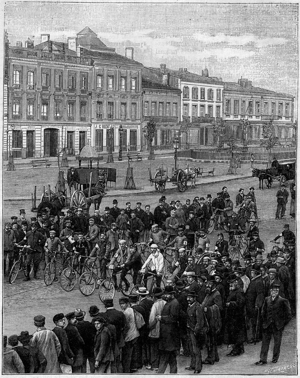 Welocypedy ścigają się z Bordeaux do Paryża: welocypedyści wyruszają z Bordeaux 23 maja 1891 r. o 5 rano. Grawerowanie w „La Nature”. Revue des sciences et de ses applications aux arts et a l