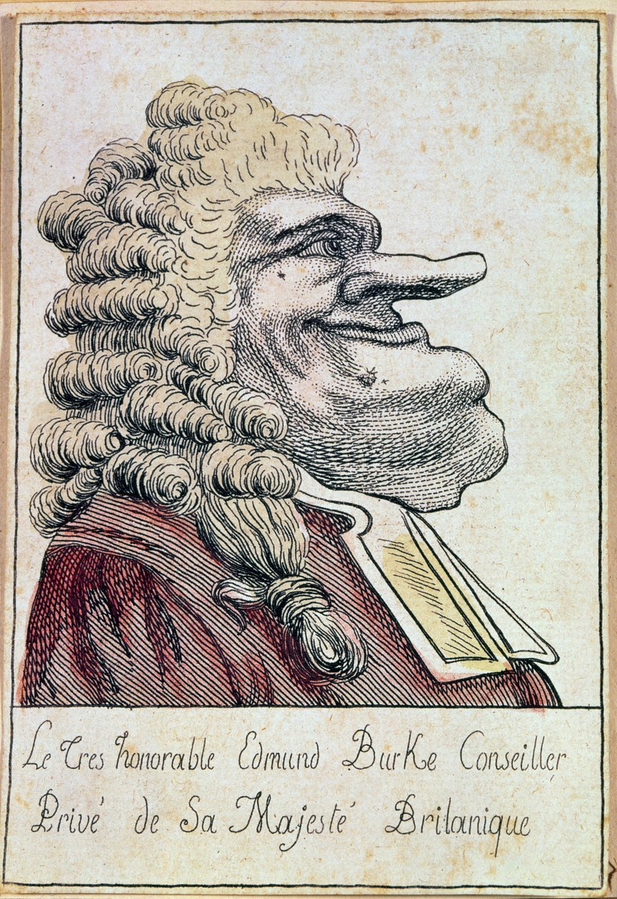 Bardzo czcigodny Edmund Burke, prywatny doradca Jego Królewskiej Mości, króla brytyjskiego, karykatura francuska, ok. 1790 autorstwa French School