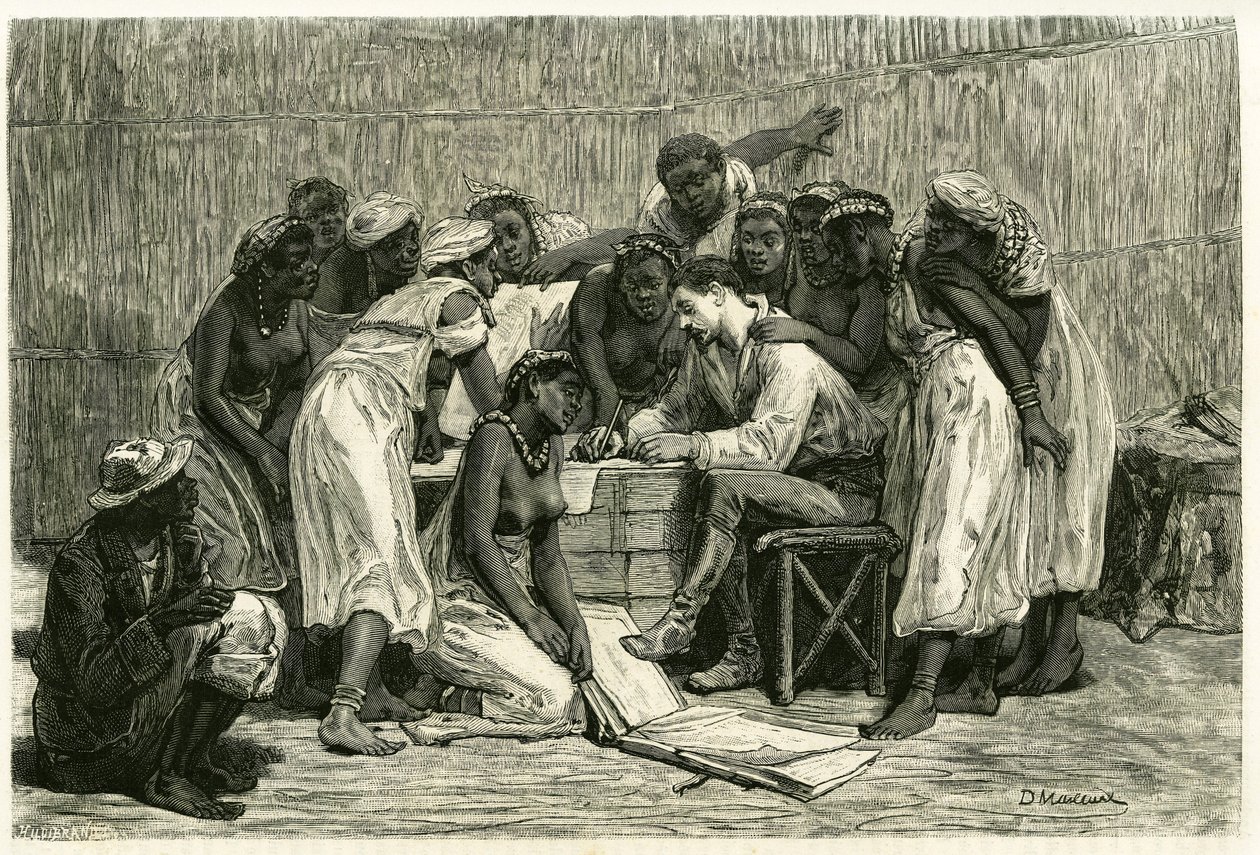 Wizyta królowych, szesnastu żon króla Seppopo, w loży doktora Holuba. Grawer D.Maillarda, ilustrujący historię „Au pays des Marutses””, w latach 1875-1879, autorstwa dr. Emile Holuba (1847-1902). Opublikowane w Tour du monde, 2. semestr 1883, pod red. autorstwa French School