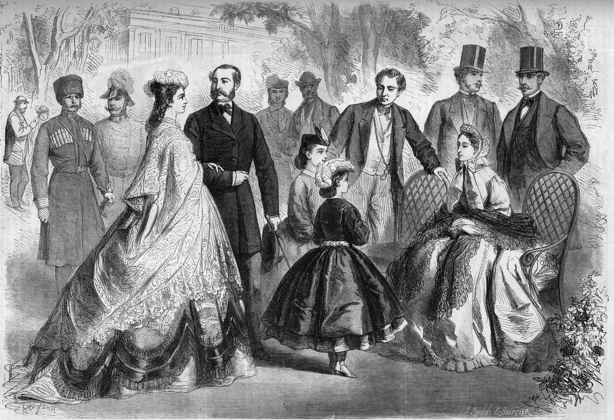 Sezon wodny w Kissengen w Niemczech w 1864 r. Prezenty od lewej do prawej: Elżbieta z Wittelsbach (Sissi) (1837-1898) Imperator Austrii, Aleksander II (1818-1881) Cesarz Rosji Ludwik II (1845-1886) ) Król Baviere, Maria Aleksandrowna (z domu Maria o autorstwa French School