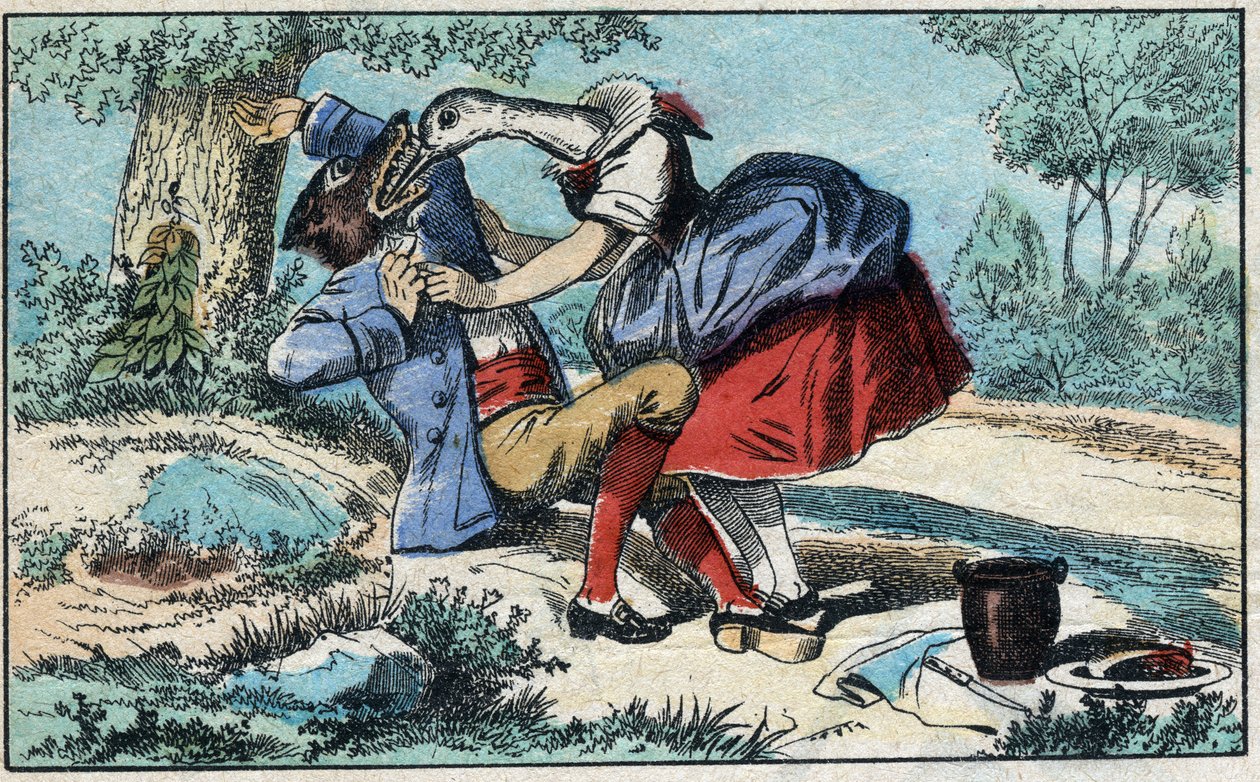 Wilk i bocian. Bajki Jean de La Fontaine (1621-95). Obrazowanie epinal z końca XIX wieku. autorstwa French School