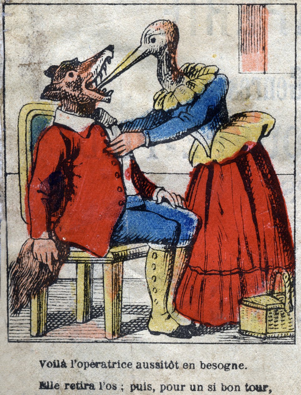 Wilk i bocian. Bajki Jean de La Fontaine (1621-95). Obrazowanie epinal z końca XIX wieku. autorstwa French School