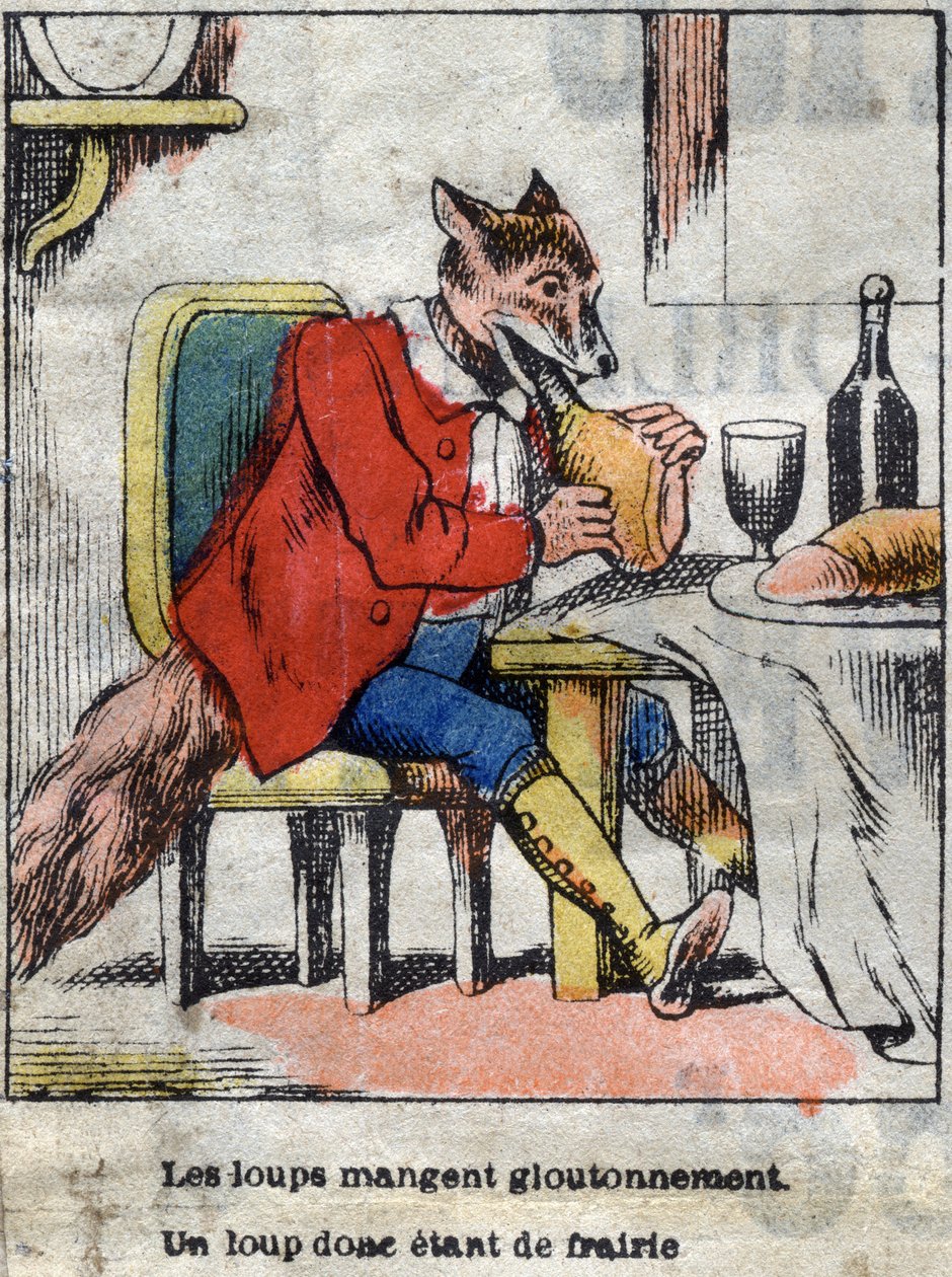 Wilk i bocian. Bajki Jean de La Fontaine (1621-95). Obrazowanie epinal z końca XIX wieku. autorstwa French School