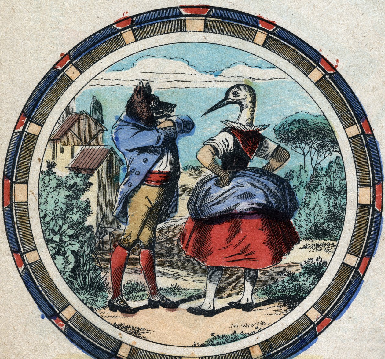 Wilk i bocian. Bajki Jean de La Fontaine (1621-95). Obrazowanie epinal z końca XIX wieku. autorstwa French School