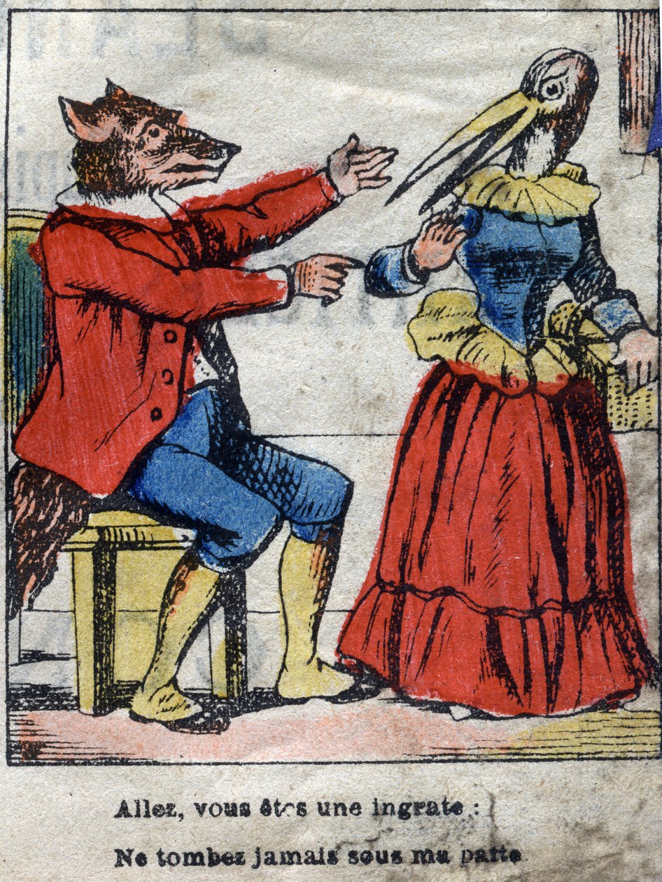 Wilk i bocian. Bajki Jean de La Fontaine (1621-95). Obrazowanie epinal z końca XIX wieku. autorstwa French School
