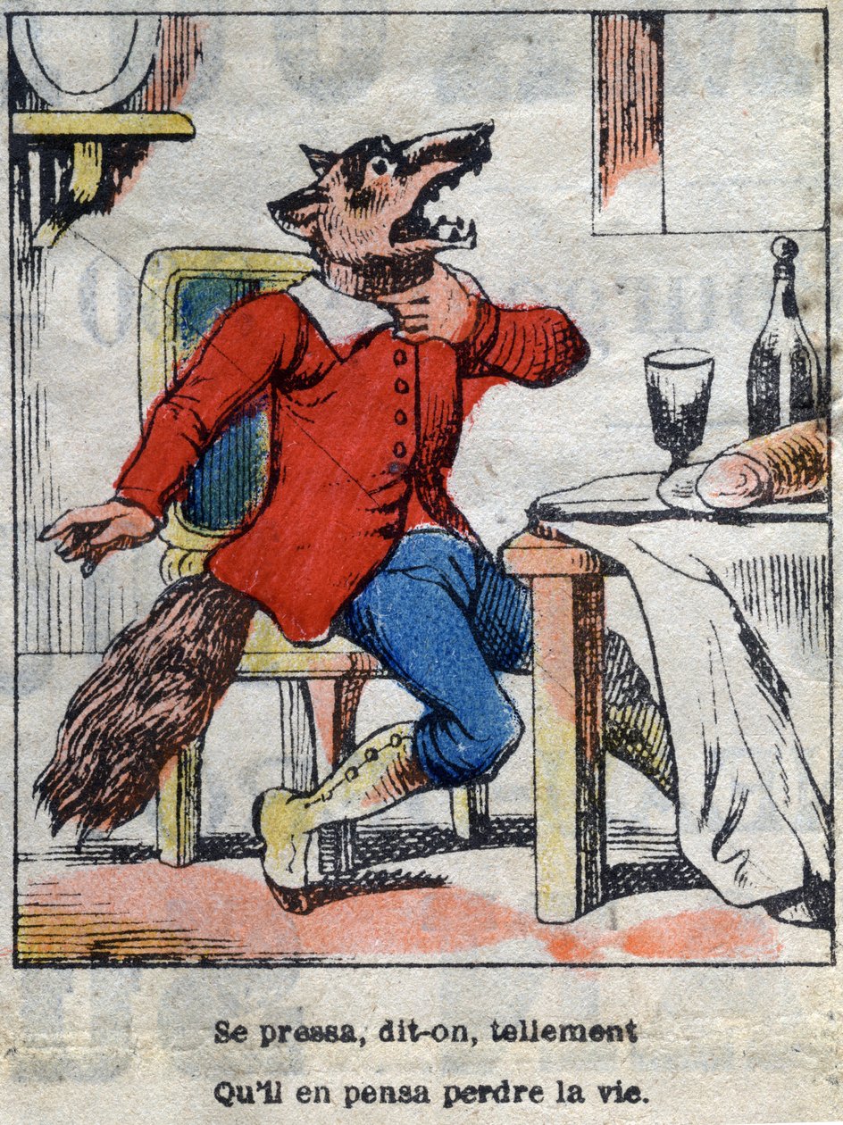 Wilk i bocian. Bajki Jean de La Fontaine (1621-95). Obrazowanie epinal z końca XIX wieku. autorstwa French School