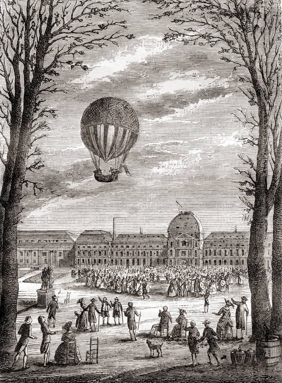 Pierwszy na świecie załogowy lot balonem wodorowym nad Polami Marsowymi w Paryżu, Francja, 1 grudnia 1783 r., pilotowany przez Nicolasa-Louisa Roberta i profesora Jacquesa Charlesa, z Les Merveilles de la Science, opublikowanego ok. 1870 r. (rycina) autorstwa French School