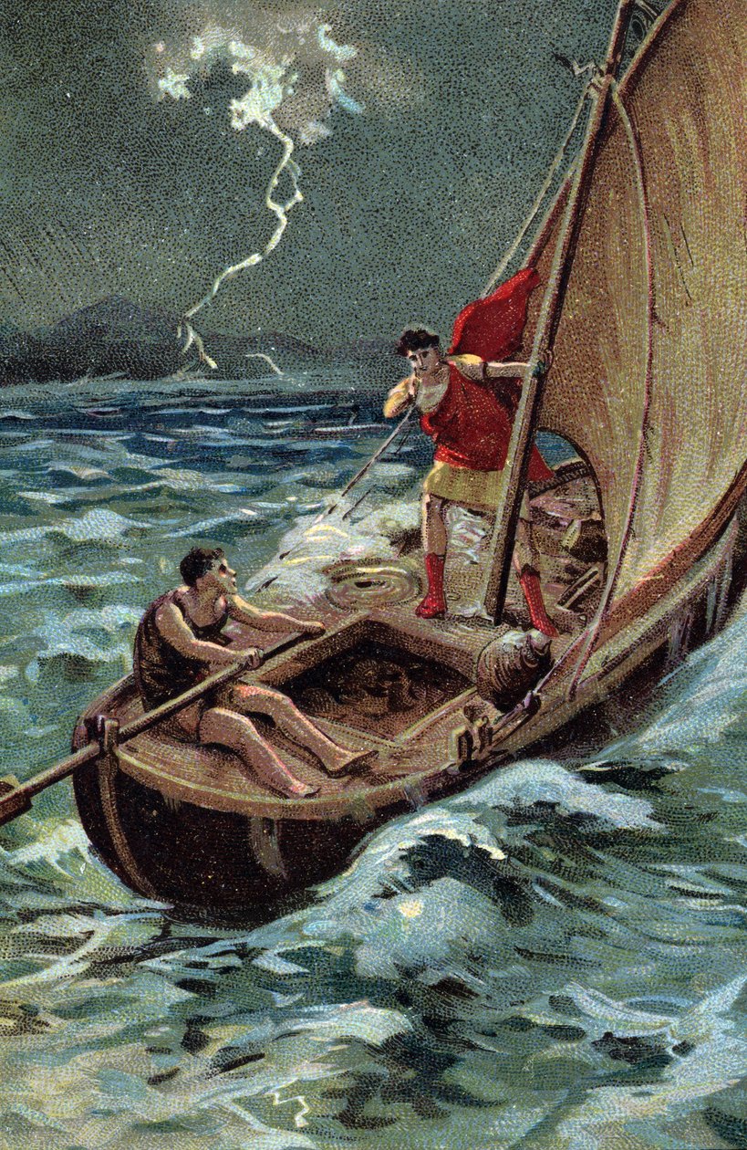 Młody Juliusz Cezar (100-44 p.n.e.) przeprawiający się przez Adriatyk, by dołączyć do Dalmacji, dzielnie posuwa się naprzód pomimo burzy, pewny swojej dobrej gwiazdy i przeznaczenia (Młody Juliusz Cezar (100-44 p.n.e.) dzielnie przemierza Adriatyk na swoim autorstwa French School