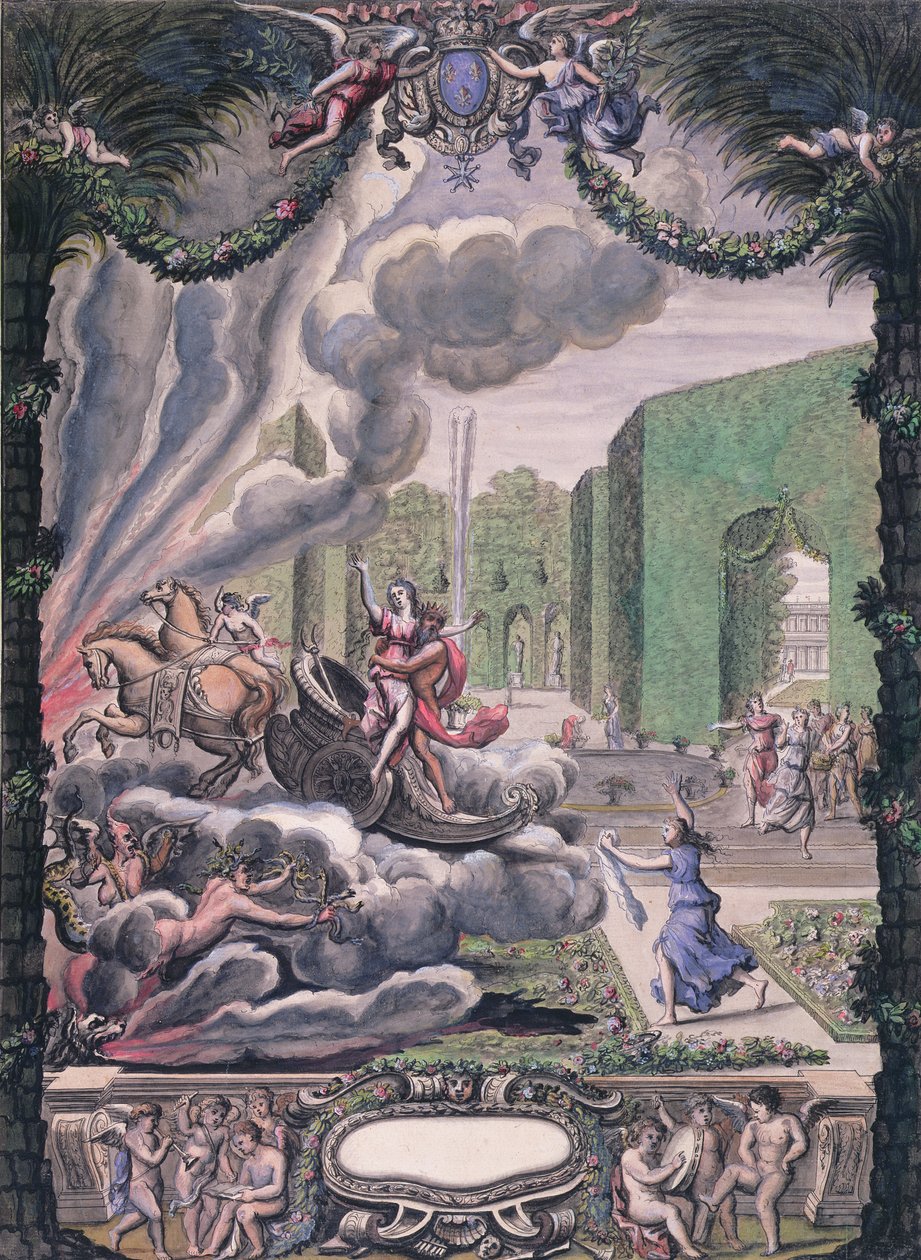 Scena teatralna, koniec XVII w. (pióro i atrament i toaleta na papierze) autorstwa French School