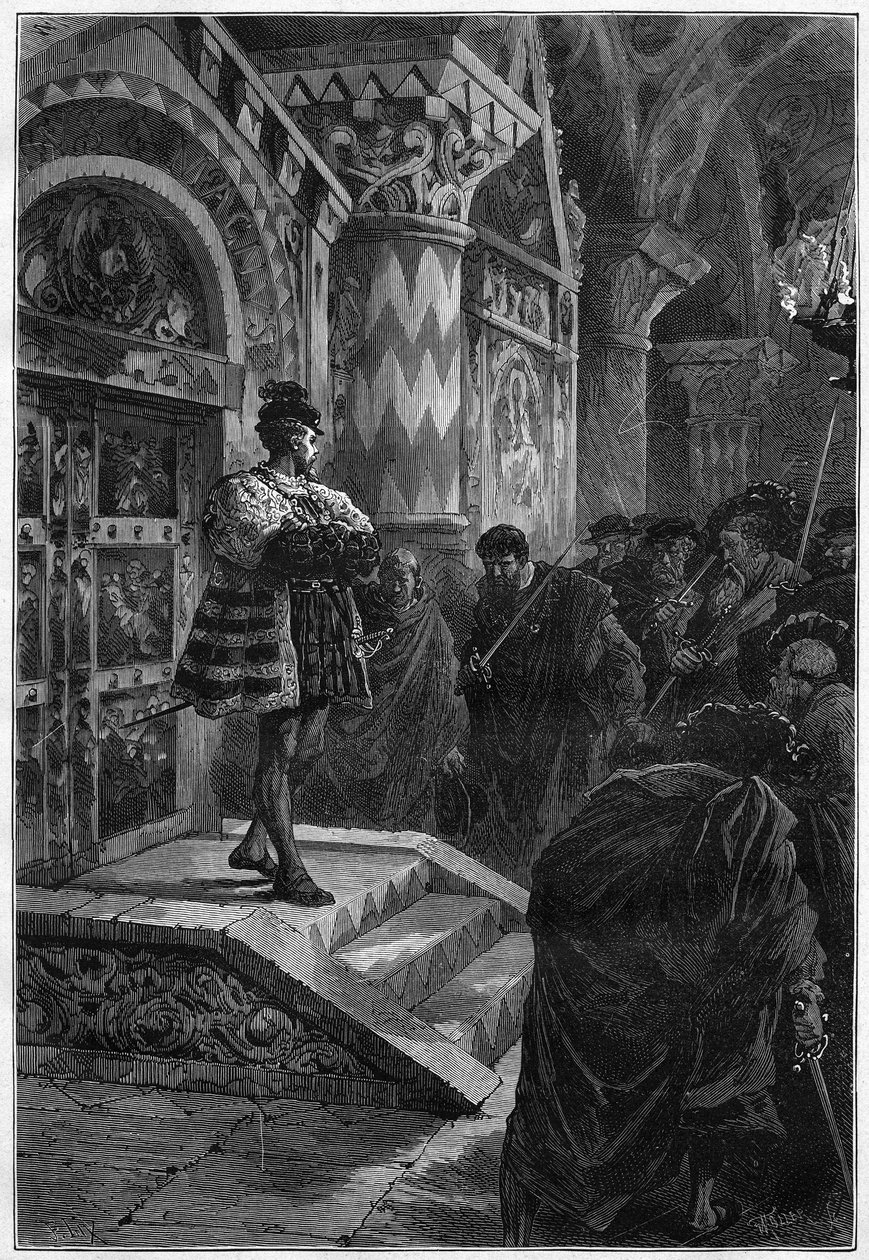 Przedstawienie teatralne: „”Hernani”” Victora Hugo (1802-1885), akt IV scena 4. Paryż, Comedie Francaise autorstwa French School