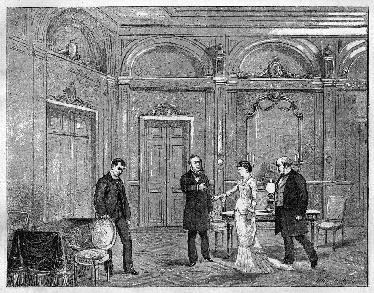 Przedstawienie teatralne: „Jean Beaudry” Auguste Vacquerie (1819-1895). IV akt. Paryż, Theater Francais (Komedia Francuska). Rycina z 1880 r. w prywatnej kolekcji „Islawna Rzeczpospolita”. autorstwa French School
