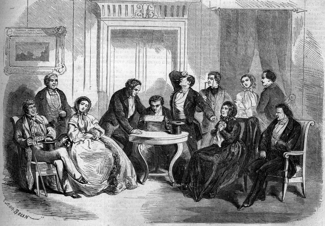 Teatralne przedstawienie „”Testamentu Cesara Girodota”” (scena odczytania testamentu, akt I) przez Adolphe Belot (1829-1890) i Edmonda Villetarda. Paryż, Teatr Imperial de l