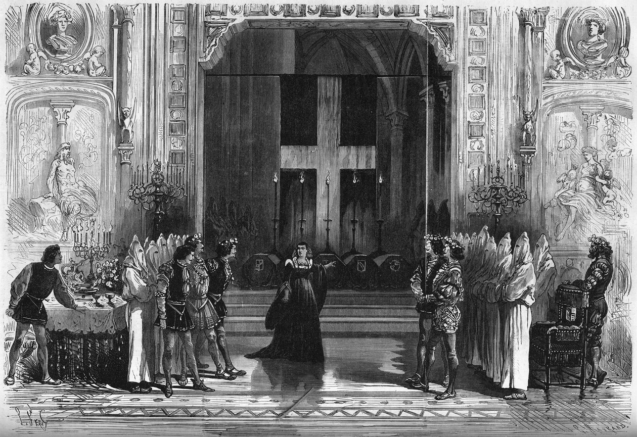 Przedstawienie teatralne: scena trumien w „Lucrece Borgia” Victora Hugo (1802-1885). Paryż, Teatr de la Porte Saint Martin autorstwa French School