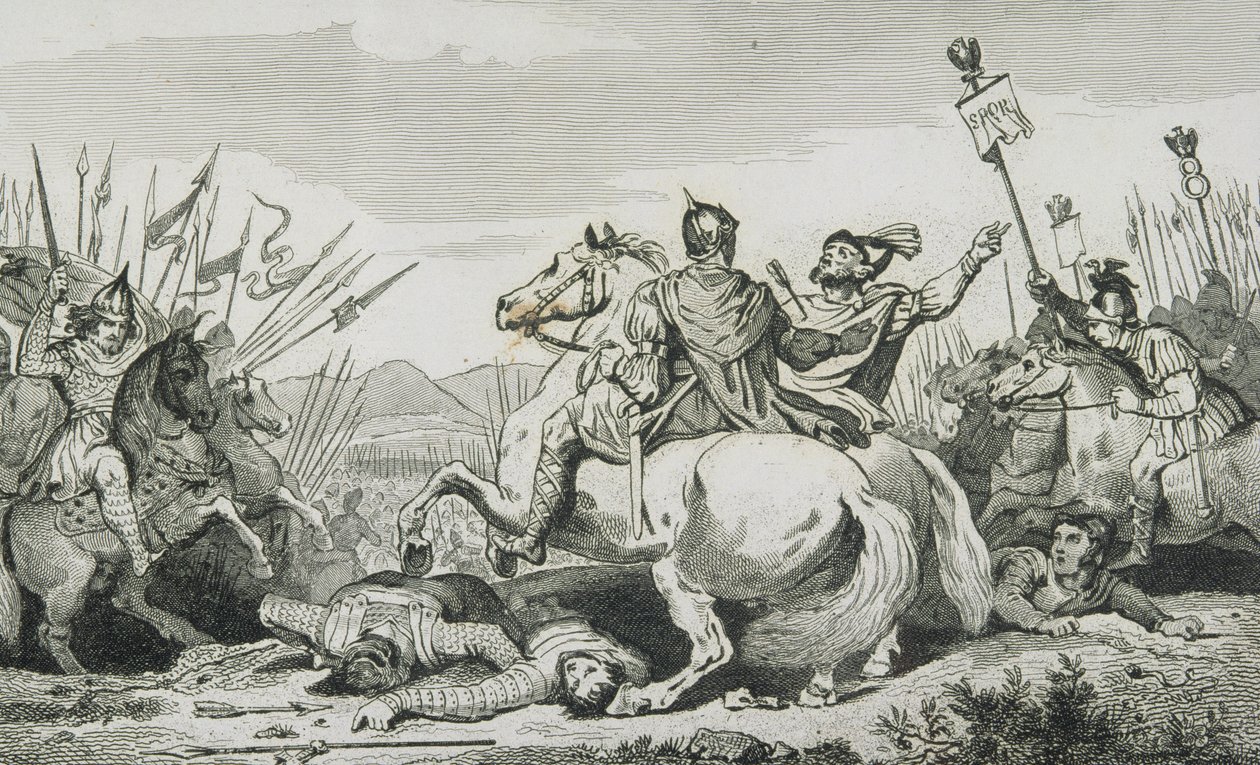 Teodoryk ginie w bitwie z Attylą, niedaleko Chalons, z „Histoire de France” Colarta, wydanej ok. 1840 r. autorstwa French School