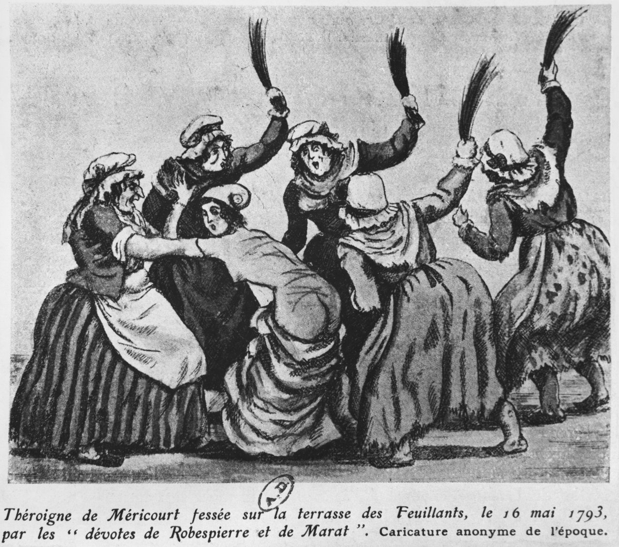 Theroigne de Mericourt wychłostana przez grupę paryskich jakobinek, 16 maja 1793 (wc na papierze) autorstwa French School