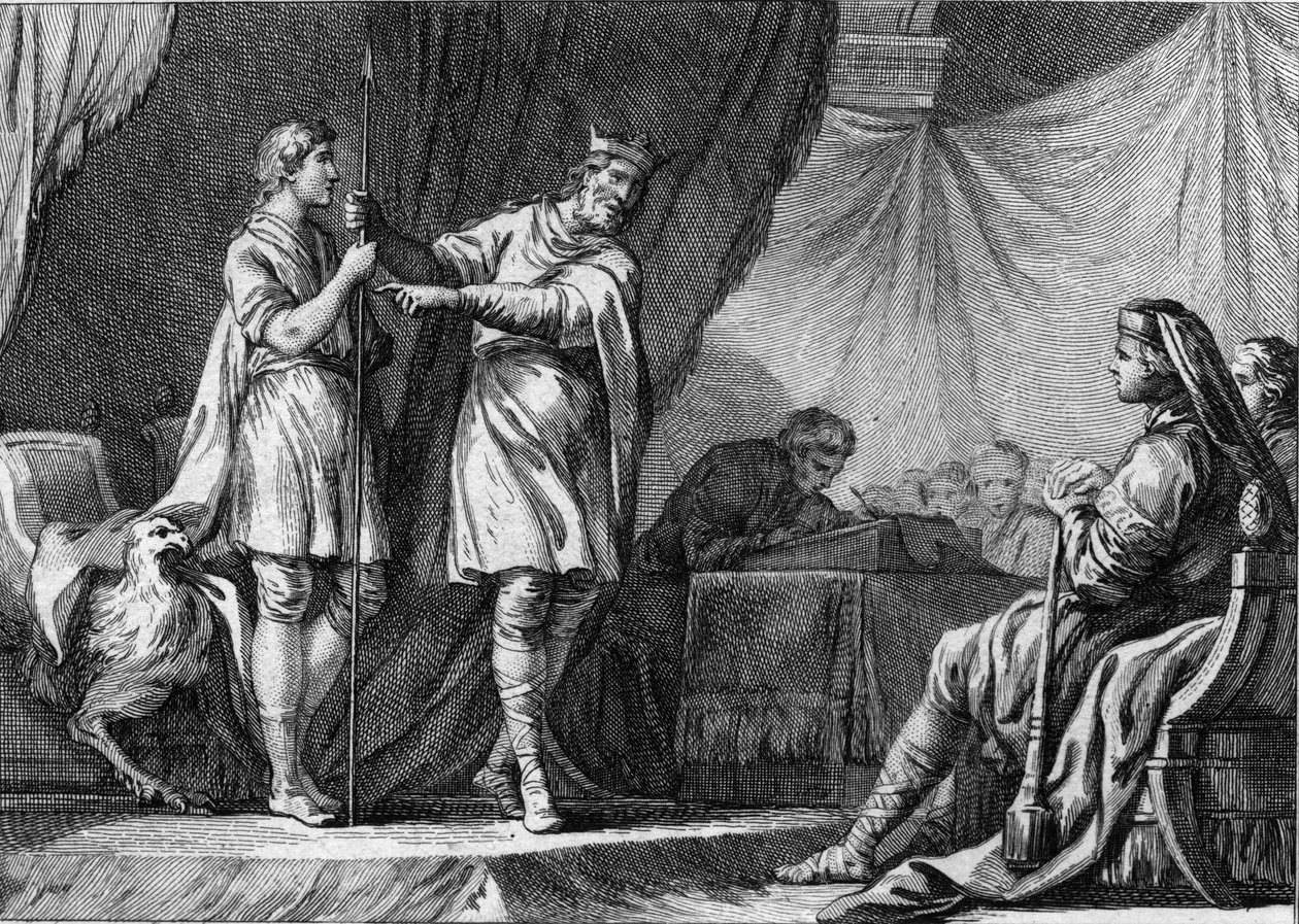 Tibaut I (Theodebald, ok. 535-555), król Austrazji, odrzucając propozycję ambasadorów bizantyjskiego cesarza Justyniana porzucenia obrony Ostrogotów i przyłączenia się do Cesarstwa. Rycina z XVIII wieku. autorstwa French School