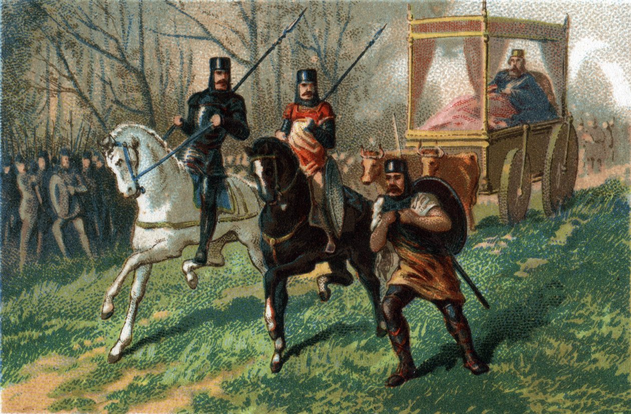 Thierry III mówi, że król Faineant z 673a 691 przemierza Paryż w swoim powozie zastrzelonym przez woły. Chromolitografia około 1890 r. autorstwa French School