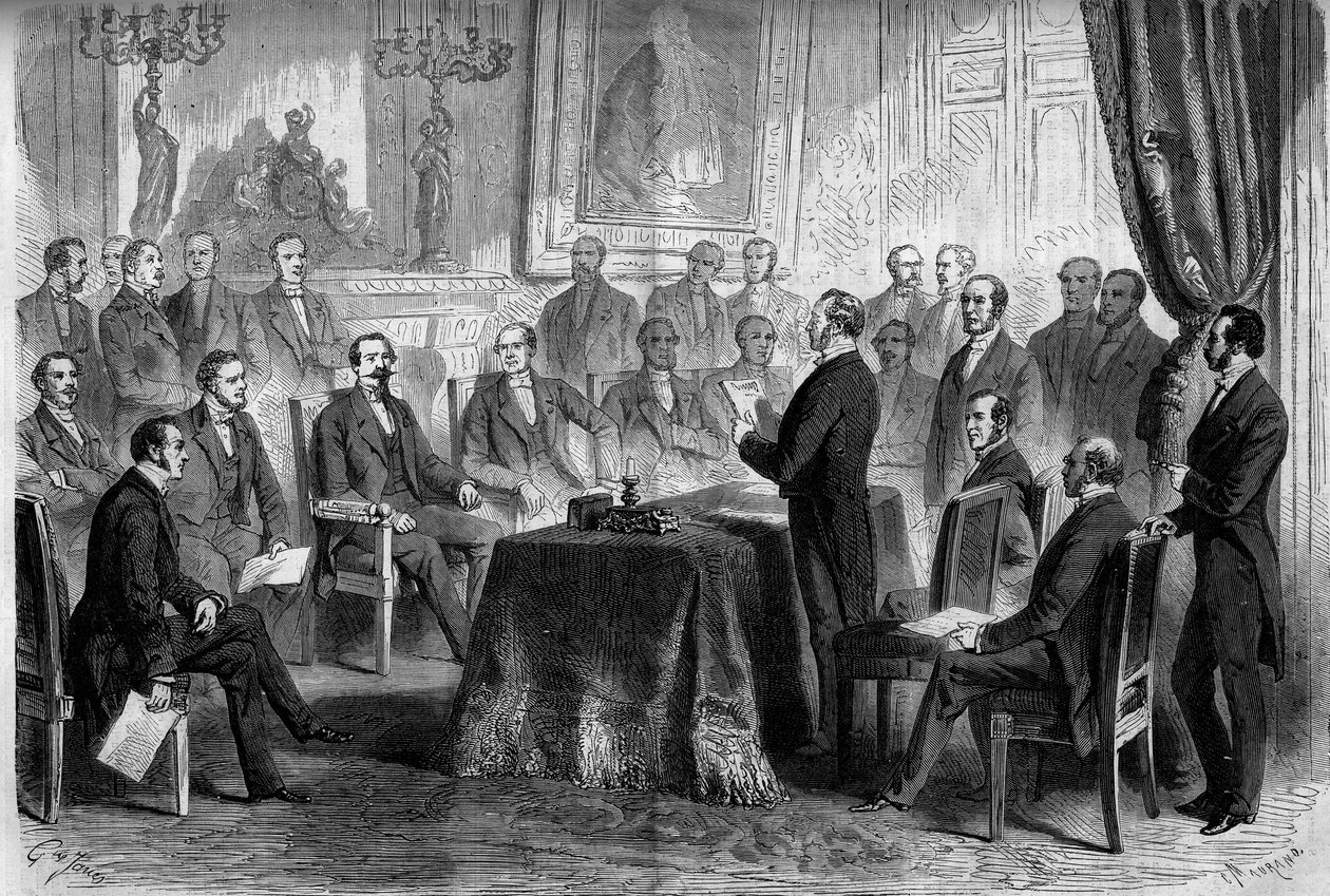III RP: posiedzenie Rady Stanu w Tuileries w obecności Napoleona III (1808-1873) i barona Eugeniusza Georgesa Haussmanna, prefekta Paryża (1809-1891). Grawer w „”Le Monde Illustré””n°291 z 8 listopada 1862 r. autorstwa French School