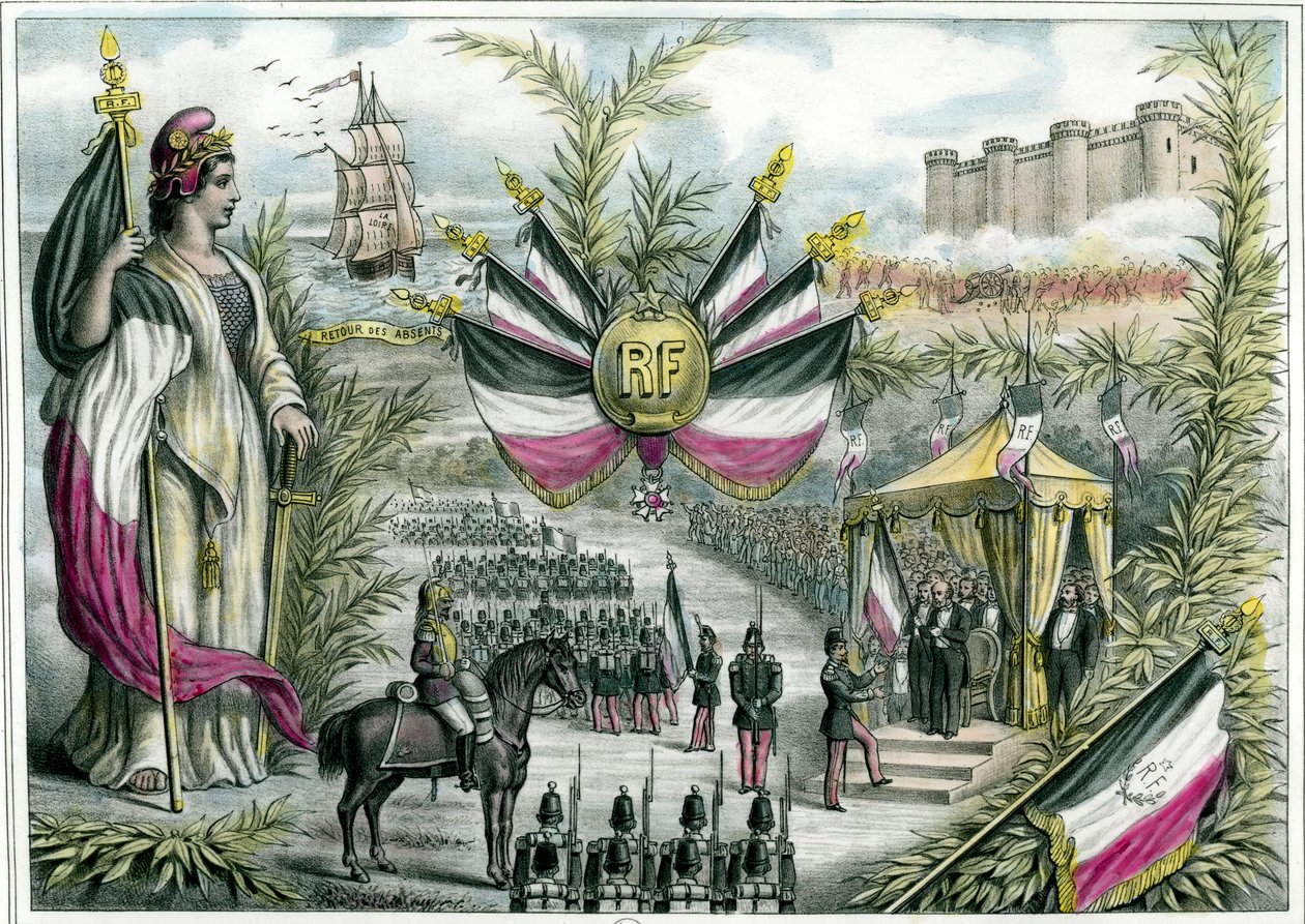Trzecia Republika: triumfująca Republika przewodniczy Wielkiemu Festynowi Narodowemu 14/07/1880 na Place de la Bastille. 14 lipca staje się świętem narodowym Francji, a trójkolorowa flaga zostaje przyjęta. Rycina z około 1880 r. Kolekcja prywatna autorstwa French School