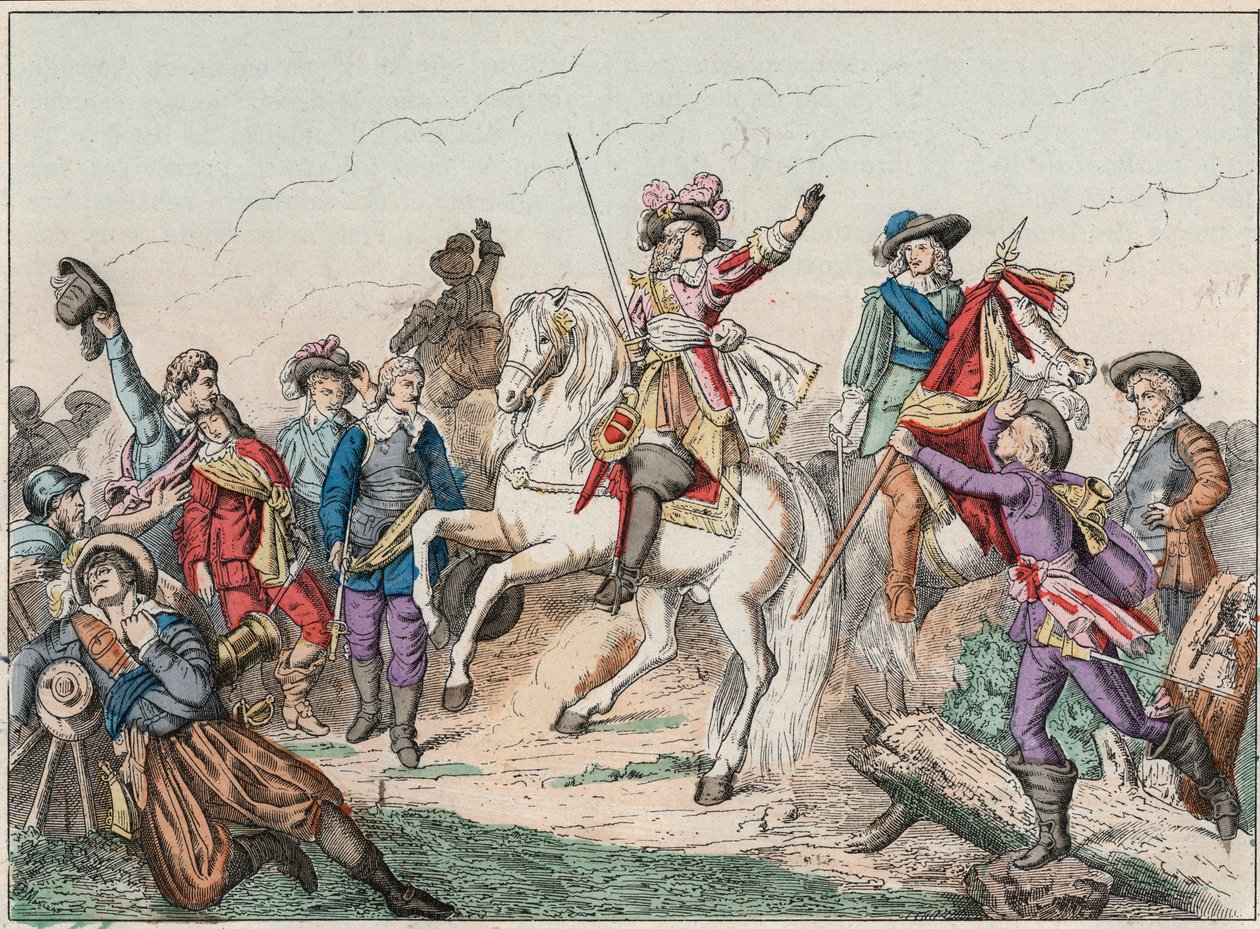 Wojna trzydziestoletnia (1618-1648): Książę Ludwik II Bourbon Conde (Bourbon-Conde), znany jako Wielki Conde (1621-1686), książę Enghien, witający zwłoki hrabiego Fontaine w bitwie pod Rocroi (Rocroy) przeciwko Hiszpanom, 19 maja autorstwa French School