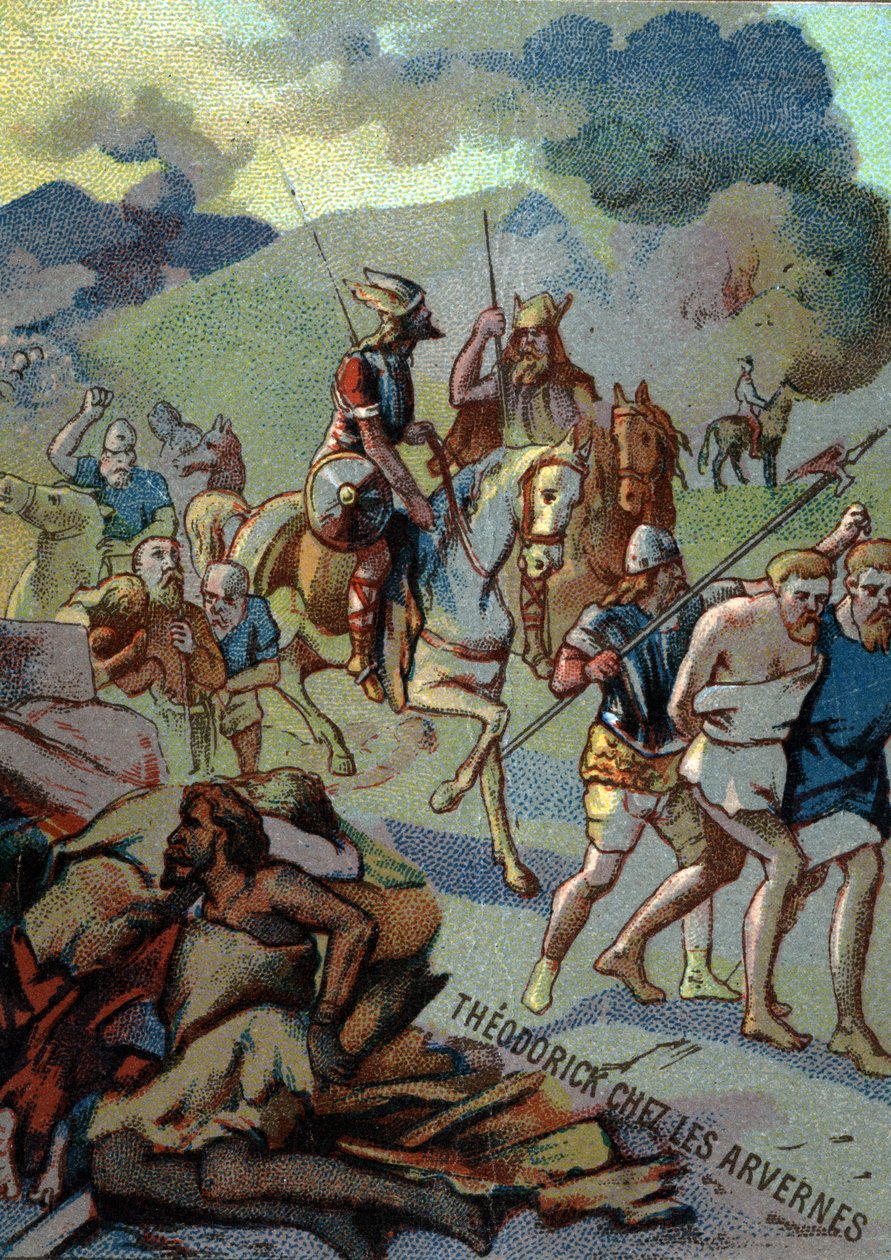 Theoderick, najstarszy syn Clovisa, w Arvernes (Owernia) (532-533). Chromolitografia z cyklu „Wychowanie patriotyczne przez obraz”. autorstwa French School