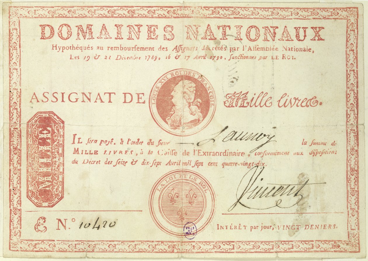 Banknot tysiąca liwrów z wizerunkiem Ludwika XVI (1754-93) 1790 autorstwa French School