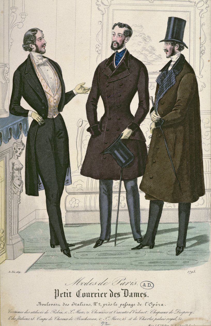 Trzech eleganckich młodych mężczyzn, 1841 (kolor grawerowany) autorstwa French School