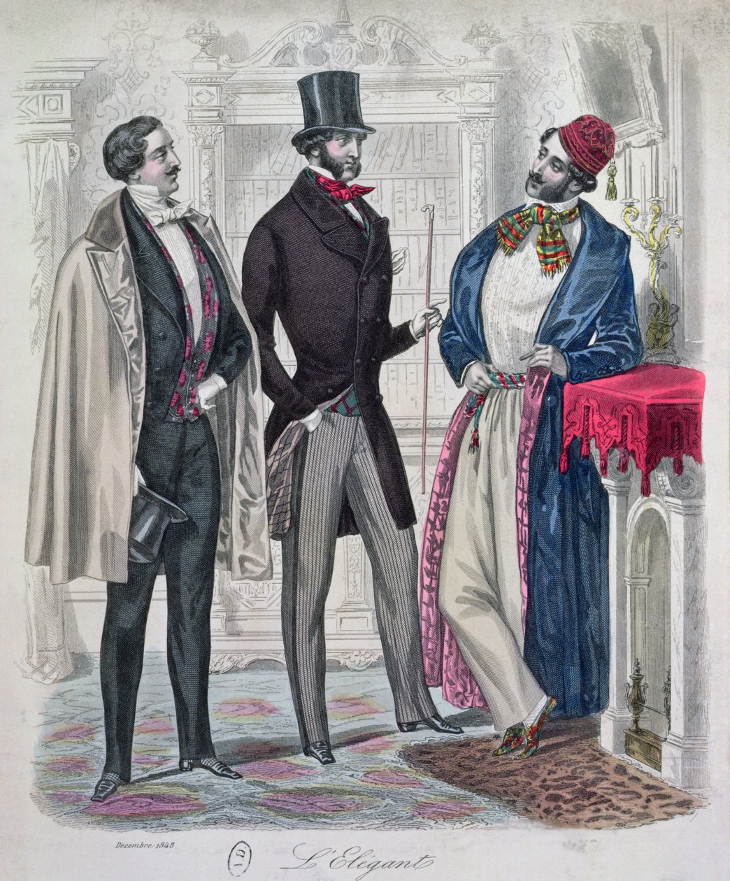 Trzech eleganckich młodych mężczyzn, grudzień 1848 (kolor grawerowany) autorstwa French School