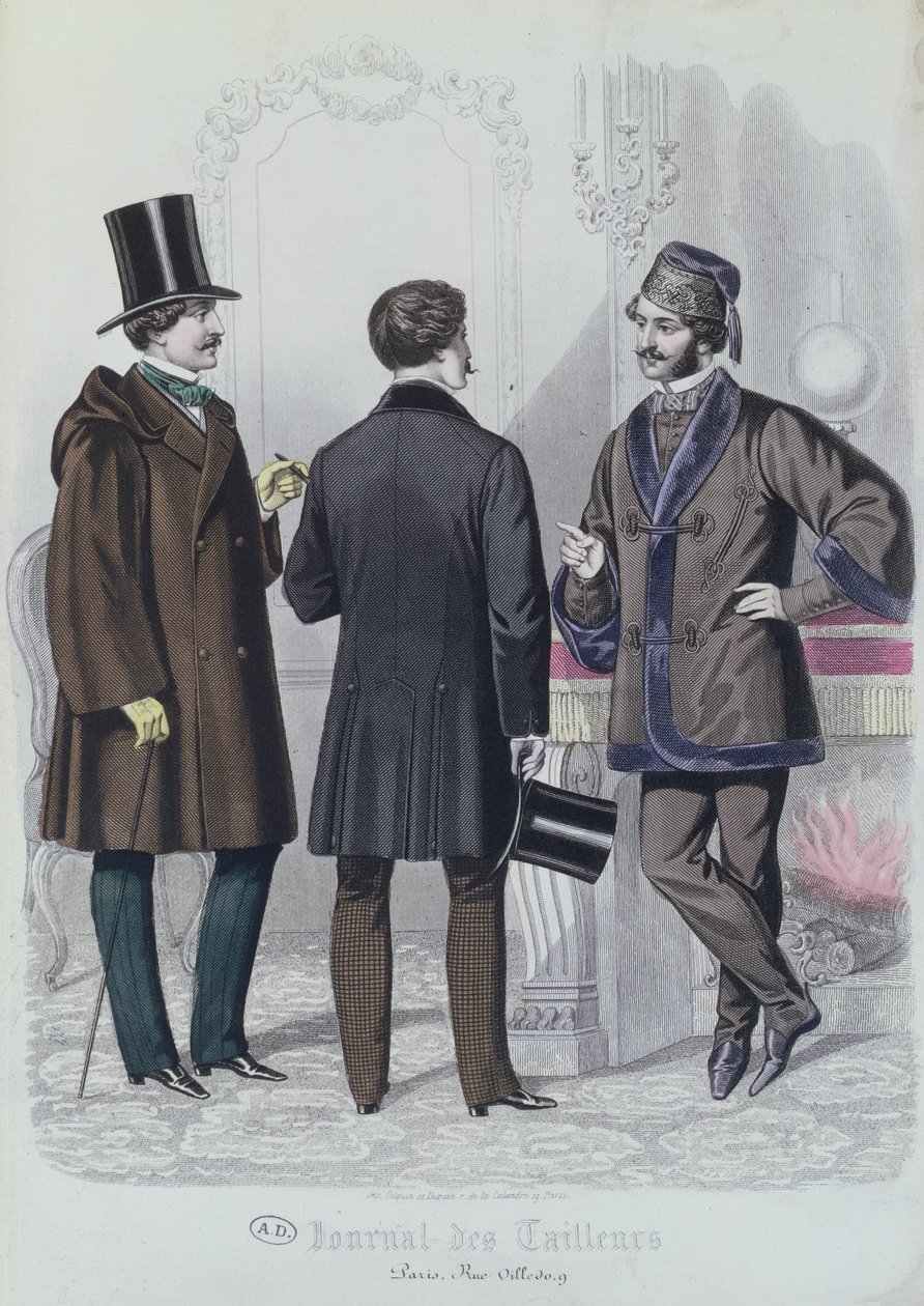 Trzech eleganckich młodzieńców, grudzień 1856 (kolor grawerowany) autorstwa French School