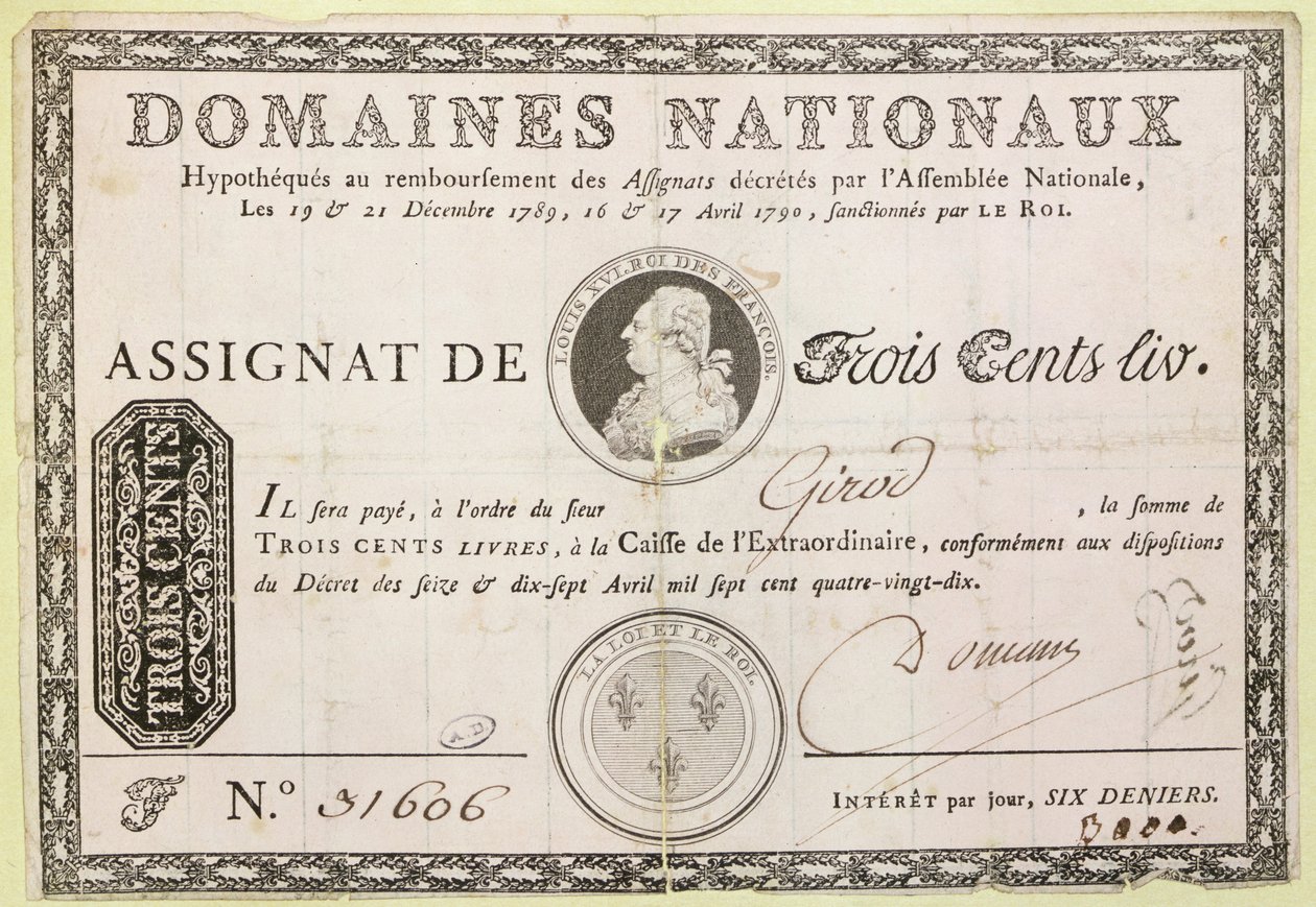 Banknot trzysta liwrów, 1790 (atrament na papierze) autorstwa French School