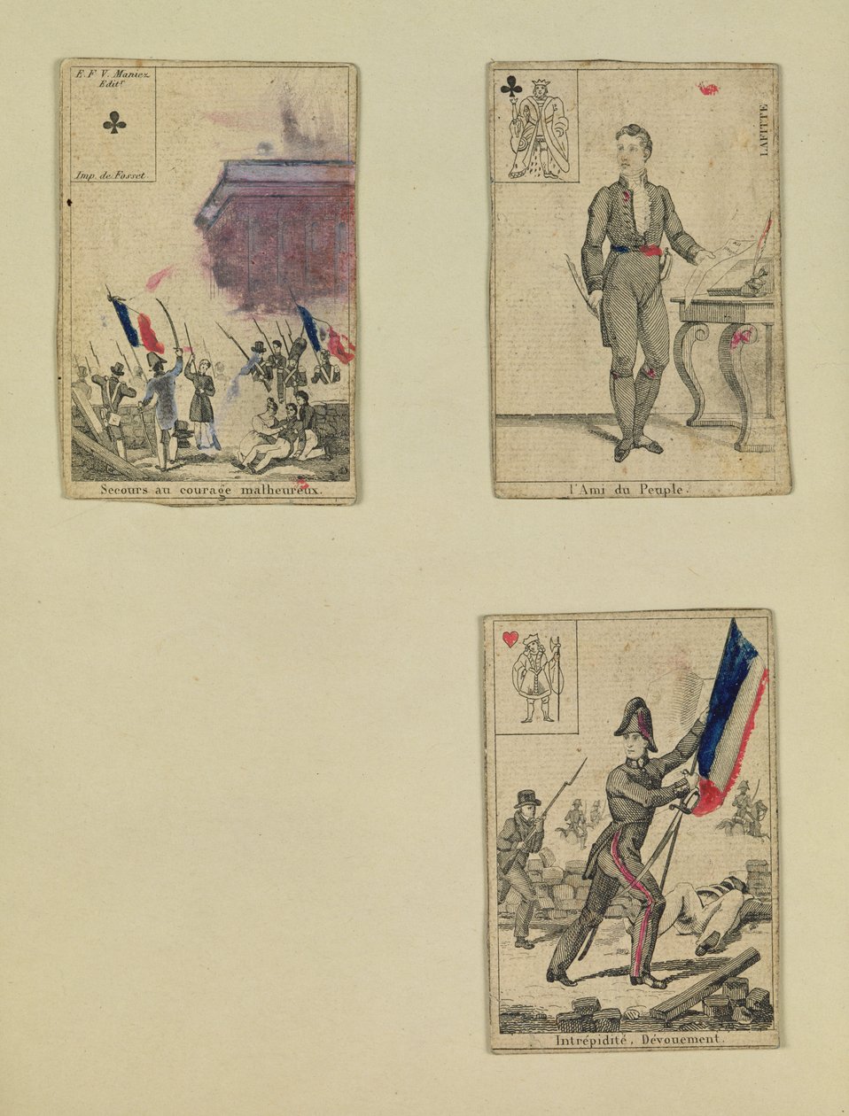 Trzy karty do gry upamiętniające bohaterów lipca 1830, 1831 autorstwa French School