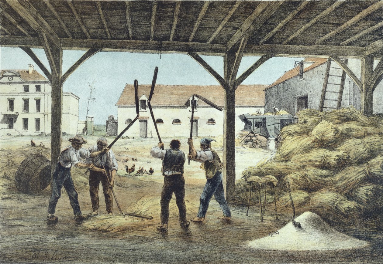 Młócenie kukurydzy, ilustracja z podręcznika szkolnego Enseignement par les yeux, 2. poł. XIX w. autorstwa French School