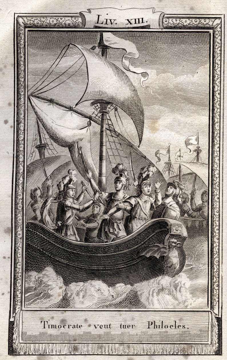 Timokrate chce zabić Philoelesa - rycina z 1798 roku Monneta w „Les Aventures de Telemaque, fils d