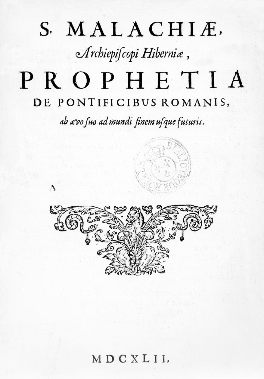 Strona tytułowa Proroctwa Papieży, opublikowana 1662 (drukarka i rycina) autorstwa French School