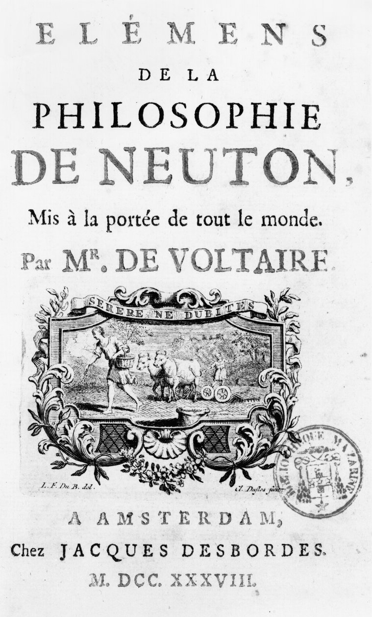 Strona tytułowa Elementów filozofii Newtona autorstwa Francois Marie Arouet Voltaire (1694-1778) Amsterdam, opublikowana w 1738 r. autorstwa French School
