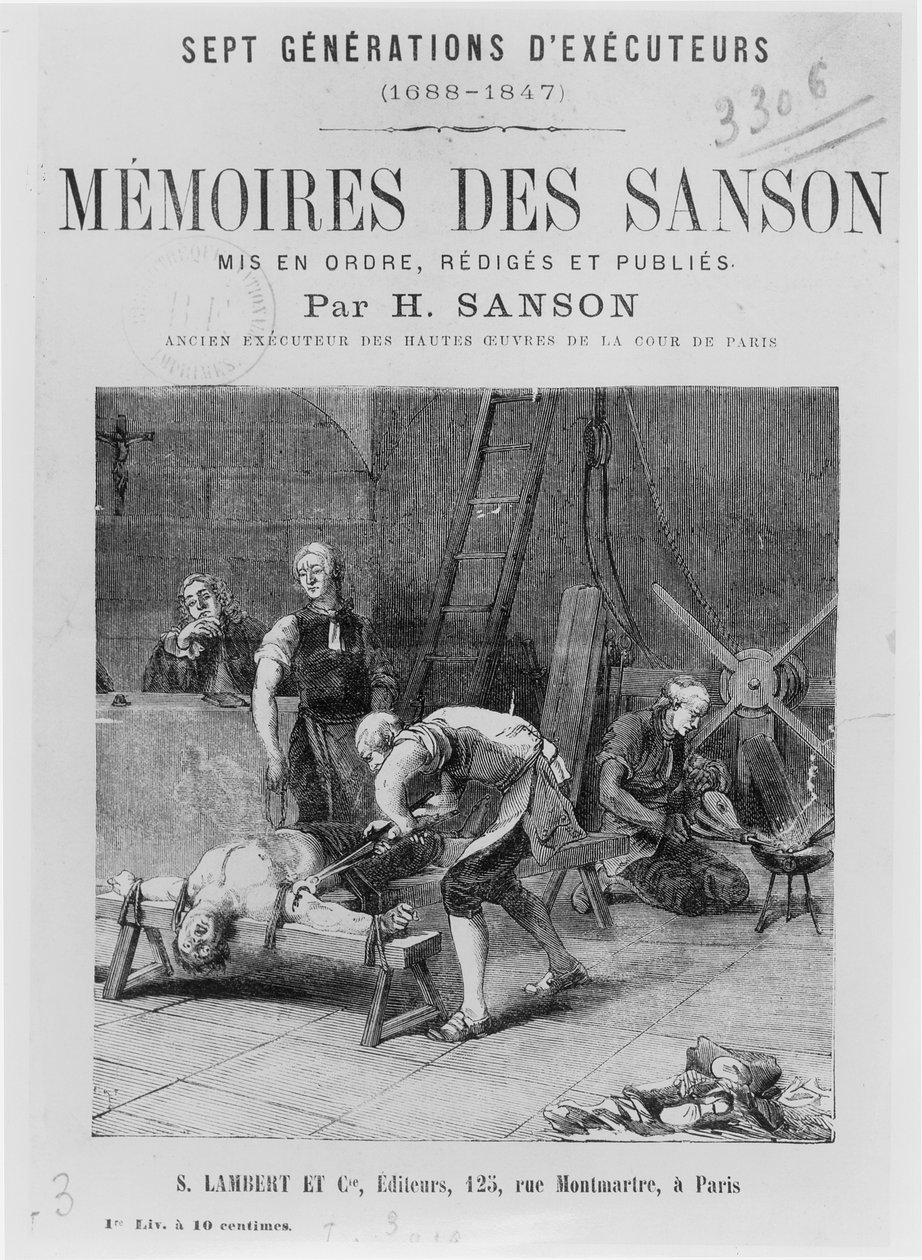 Strona tytułowa Memoires des Sanson H. Sansona, połowa XIX wieku autorstwa French School