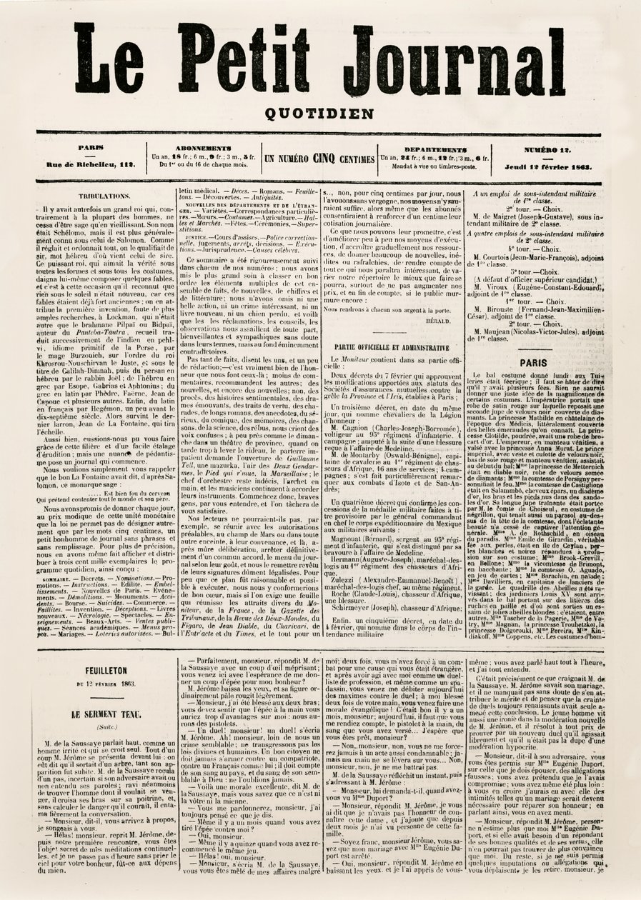 Strona tytułowa dziennika Le Petit Journal, 12.02.1863 (druk) autorstwa French School