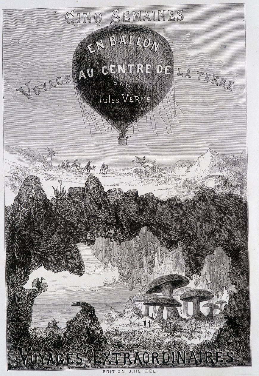 Strona tytułowa: „”Pięć tygodni w balonie”i„Podróż do wnętrza Ziemi””Jules Verne, sd. Edycje Hetzel pod ogólną nazwą „Les Voyages Extraordinary”” autorstwa French School