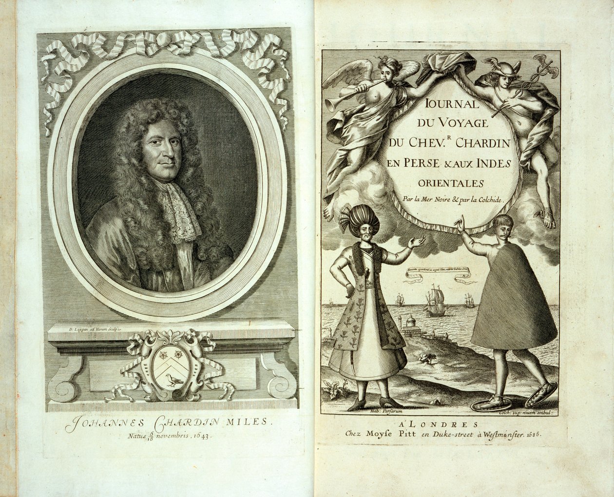 Strona tytułowa i portret frontowy Journal du Voyage de Chevalier Chardin en Perse et aux Indes Orientales autorstwa Jeana Chevalier Chardin, 1686 autorstwa French School