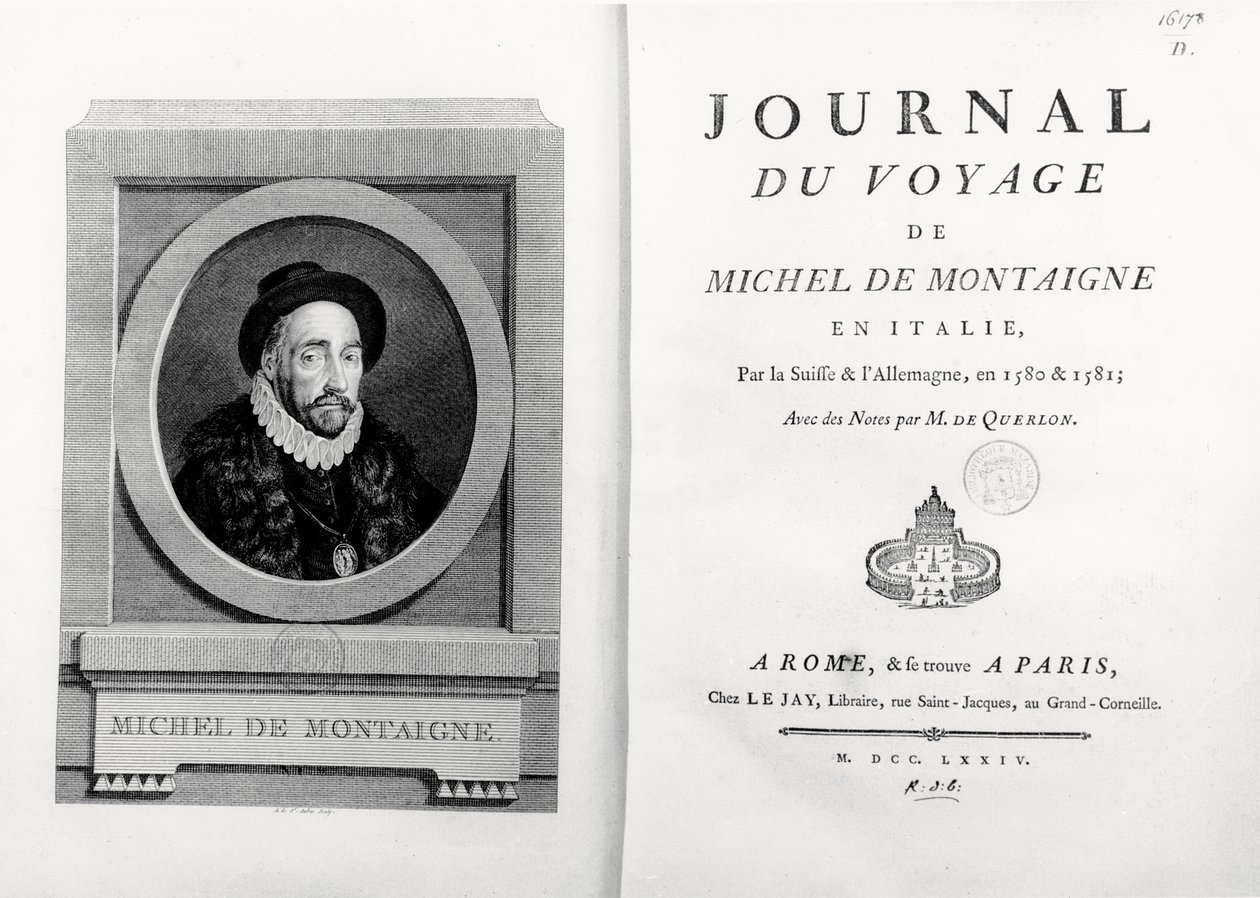 Strona tytułowa i frontyspis z portretem autora autorstwa A. de Saint Aubin, z „Journal de Voyage en Italie 1580 et 1581 de Michel de Montaigne” autorstwa French School