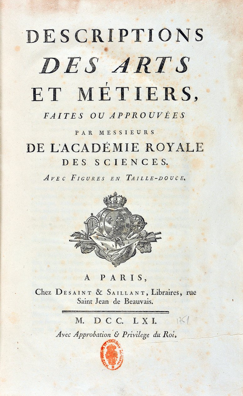 Strona tytułowa „”Opisów sztuki i metier stworzonych lub zatwierdzonych przez panów z Królewskiej Akademii Nauk””. 1761 autorstwa French School