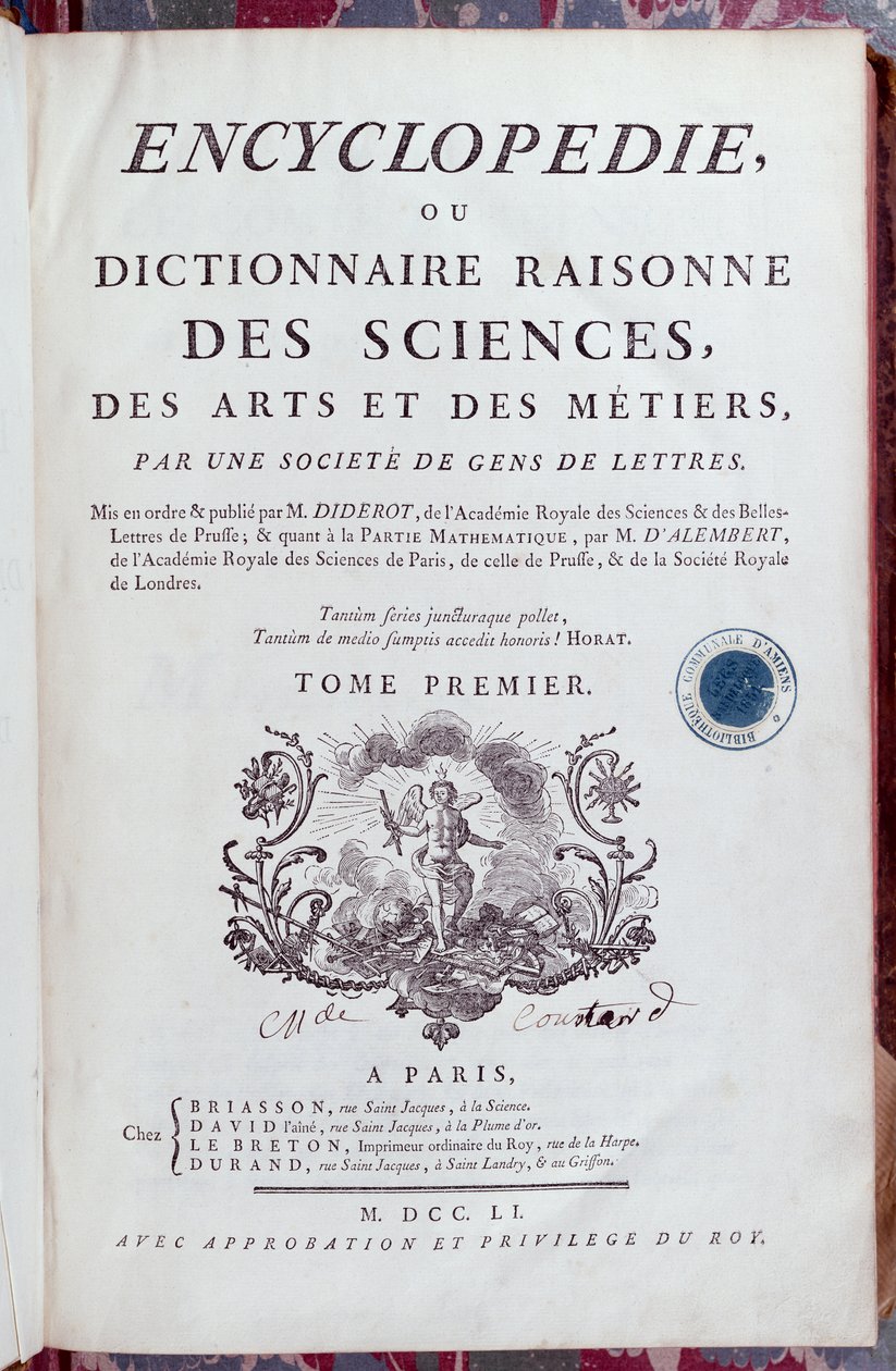 Strona tytułowa Encyklopedii Denisa Diderota (1713-84), wydanej w Paryżu w 1751 r. (patrz także 157777) autorstwa French School