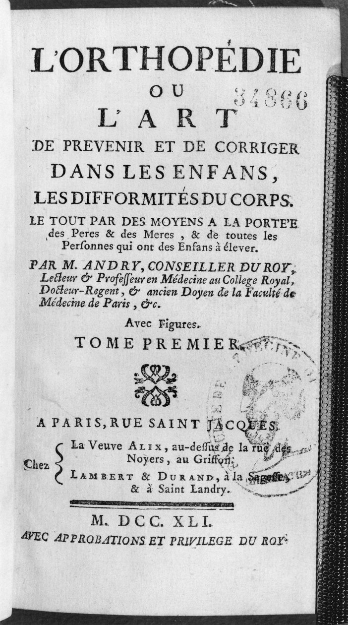 Strona tytułowa Ortopedii czyli sztuki zapobiegania i korygowania deformacji ciała u dzieci autorstwa Nicholasa Andry (1658-1759) 1741 autorstwa French School