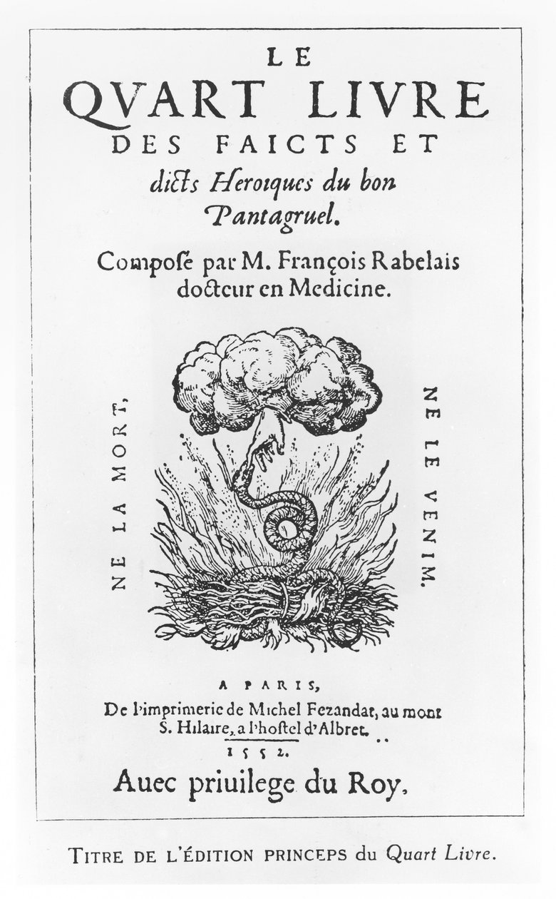 Strona tytułowa „Czwartej księgi heroicznych faktów i zasad dobrego Pantagruela”, autorstwa François Rabelais autorstwa French School