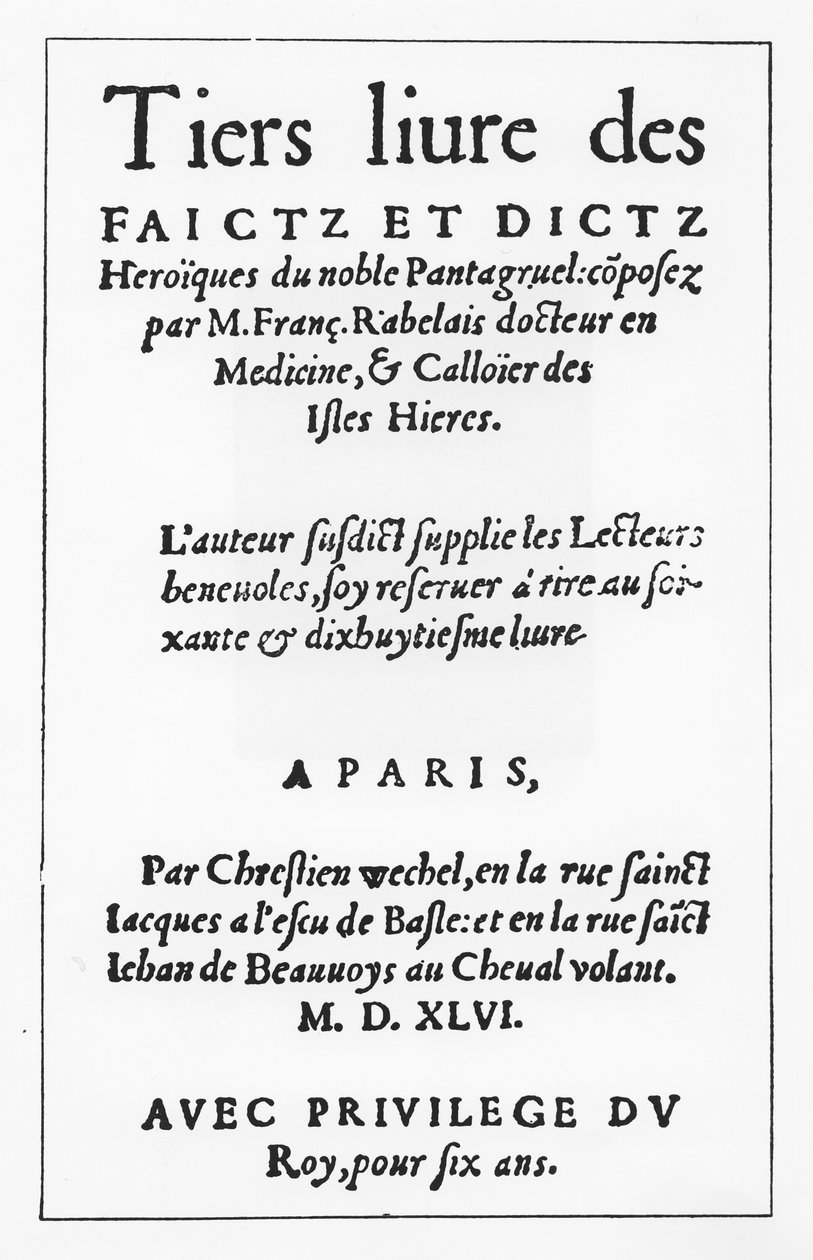 Strona tytułowa „Le Tiers livre des Faicts et Dicts Heroique du Bon Pantagruel” François Rabelais (rycina) autorstwa French School