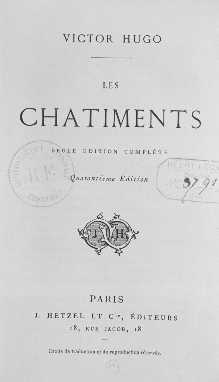 Strona tytułowa Les Chatiments (1853) Victora Hugo (1802-85), 40. wydanie wyd. J. Hetzel, 1872 autorstwa French School
