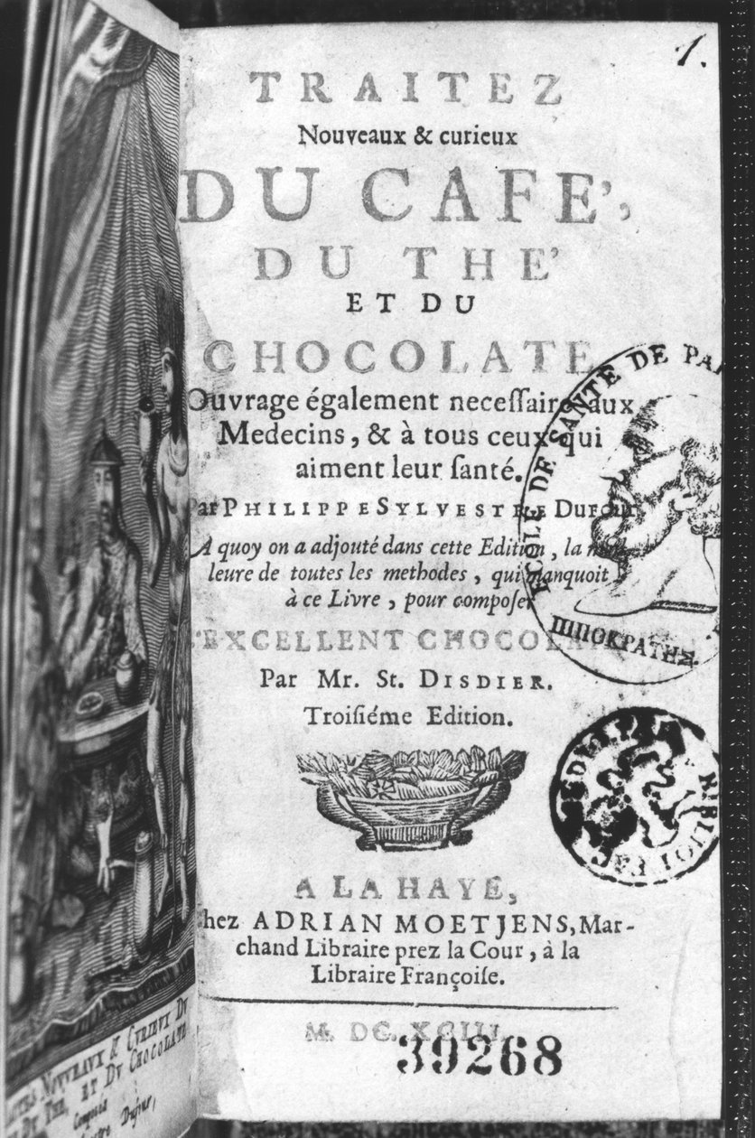 Strona tytułowa nowego i ciekawego traktatu o kawie, herbacie i czekoladzie autorstwa Philippe Sylvestre Dufour, La Haye, opublikowanej w 1693 r. autorstwa French School