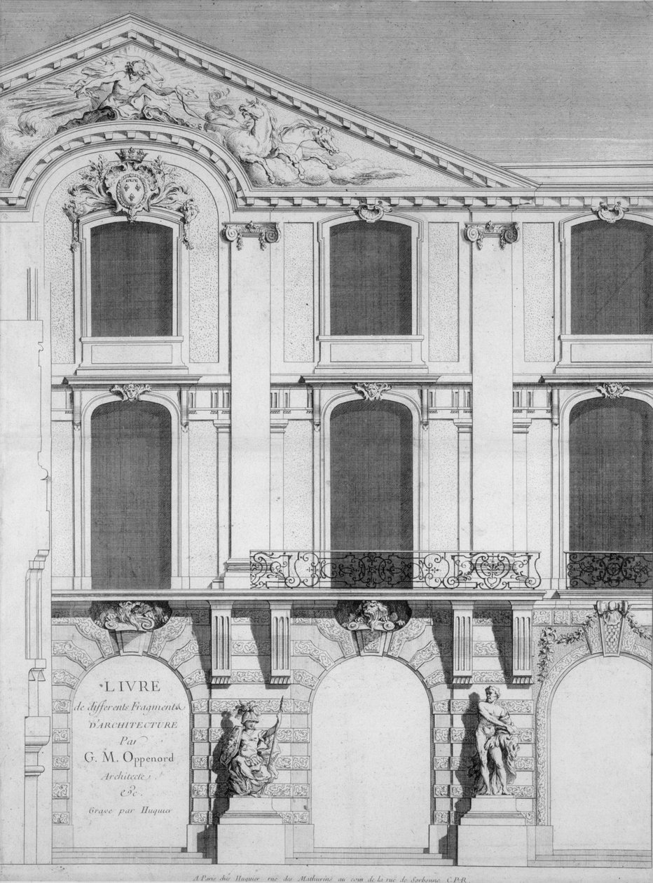 Strona tytułowa księgi grawerowanych tabliczek z projektami Oppenordów, wydanej w 1745 r autorstwa French School