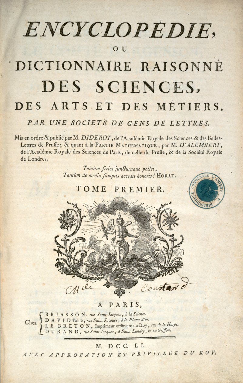 Strona tytułowa pierwszego tomu Encyklopedii autorstwa Denisa Diderota i Jeana le Ronda dAlemberta, 1751 autorstwa French School