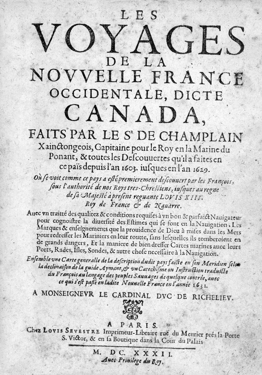 Strona tytułowa The Voyages of New France... opublikowana 1632 (druk) autorstwa French School